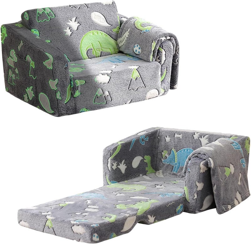 Kisdsa Toddler Couch Fold Out, Foldable Kids Couch with Blanket, Flip Out Toddler Chair, Foam Sofa for Girls & Boys, Convertible Sofa Gift for Children Age 1-3 (Glow Dino Grey) - Image 1